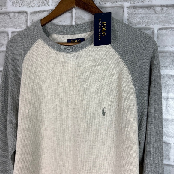 Polo Ralph Lauren Oatmeal & Gray Textured Raglan Baseball Style Sleeves T-Shirt - Picture 1 of 4